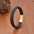 Detail of hand-woven leather bracelet with polished gold magnetic clasp on wood - Black & Brown/Gold Buckle (Style 5)