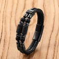 Pulsera de cuero de doble capa con piedras de lava negras y cierre magnético de hombre - 19cm / Estilo Trenzado de Piedra de Lava (JROSL076-A)