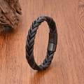 Detail of hand-woven dark gray and black leather bracelet with matte black magnetic clasp - Style 10 (Black & Gray - Black Clasp)