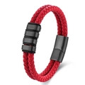 Men's double-wrap braided red leather bracelet with black magnetic steel clasp - Red Leather Black Hardware