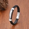Detail of men's leather bracelet with woven texture and silver stainless steel magnetic clasp - Silver Style (Style 9)