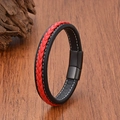 Detail shot of handwoven red and black leather bracelet with magnetic steel clasp - Black/Red with Black Buckle (Style 6)