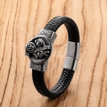 Bracelet pour homme en cuir tressé noir avec crâne vintage et fermoir magnétique - Style Tête de Mort Finition Antique / 19cm