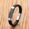Classico bracciale in pelle intrecciata nera da uomo con chiusura magnetica in acciaio inox - Stile con Motivo a Catena Stereo / 19cm
