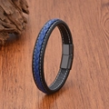 Men's blue braided leather bracelet with black magnetic clasp on a wooden desk - Black/Blue with Black Buckle (Style 7)