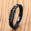 Vista macro de pulsera de cuero negro de doble capa con cuentas y cierre magnético - 19cm / Estilo Trenzado de Ágata Negra (JROSL076-C)