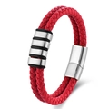 Men's multi-strand braided red leather bracelet with silver magnetic metal clasp - Red Leather Silver Hardware