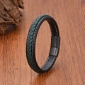 Men's retro braided leather bracelet with green weave and matte black magnetic clasp - Black/Green with Black Buckle (Style 9)