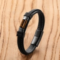 Herenarmband van gevlochten zwart leer met tijgeroogstenen en een magnetische sluiting - Gele Tijgeroog Steen Stijl (Stijl G)