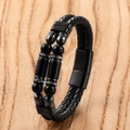 Detail van de dubbellaagse zwart gevlochten leren armband met kralen en kristallen - Zwarte Gepolijste Kraal Gevlochten Stijl (JROSL076-E)