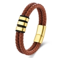 Men's double-braided brown leather bracelet featuring polished gold metal accents - Brown Leather Gold Hardware