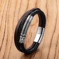 Detalle de pulsera multicapa de cuero con tubos de acero y cierre de imán potente - 19cm / Estilo Tubo Decorativo de Rejilla C