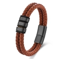Mens dual-strand brown woven leather bracelet with black magnetic metal clasp - Brown Leather Black Hardware