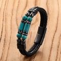 Dubbellaagse gevlochten lederen armband voor heren met turquoise kralen en magnetische sluiting - Turquoise Gevlochten Stijl (JROSL076-H)