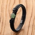 Detail of woven leather bracelet with green clover bead and magnetic clasp closure - Black-F