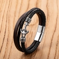 Pulsera multicapa de cuero para hombre con colgante de ancla y cierre magnético de acero inox - 19cm / Estilo Ancla Vintage D