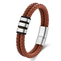 Men's double-layer brown braided leather bracelet with three silver decorative rings - Brown Leather Silver Hardware