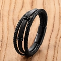 Mehrlagiges geflochtenes Lederarmband für Herren mit Metallplatte und magnetischem Verschluss - 19cm / Schwarz-A