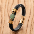 Multi-layer black leather braided bracelet with gold metal and green clover charm - Gold-C