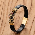 Handmade black leather bracelet with golden tree of life charm and colorful crystals - Style B (JROSL098) / 19cm