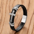 Pulsera de hombre en cuero trenzado negro con cruz de acero inoxidable y circonitas - Estilo Cruz Textura Mate Plata (19cm) / Plata-B(19cm)