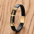 Dettaglio del bracciale in pelle nera intrecciata con croce dorata e chiusura magnetica - Stile Croce Strass Corda Oro (19cm) / Oro-A(19cm)