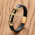 Dettaglio di bracciale in pelle nera con pendente a croce dorata e cuciture bianche - Stile Croce Lusso Strass Oro (19cm) / Oro-B(19cm)