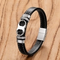 Bracelet classique en cuir noir tressé avec fermoir magnétique argenté et zircons - Argent / 19cm