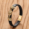 Men's black braided leather bracelet with golden zircon charm and magnetic clasp - Spiral Style (Style-E)