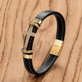 Men's black braided leather bracelet with gold cross and crystals on wood surface - Gold-A
