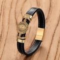 Detalle de pulsera de cuero negro con dije dorado de la Virgen María y piedras de colores - 19cm / Estilo Virgen de Guadalupe (Estilo-B)