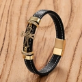 Men's black leather bracelet featuring a gold cross charm and magnetic clasp - Gold-B