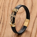 Detail of black leather bracelet with golden cross charm and secure magnetic clasp - Gold-C