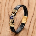Punk Teufelsauge Lederarmband für Herren mit Magnetverschluss und weißen Nähten auf Holz - Viereckige Schnalle Böser Blick Stil (Stil-E)