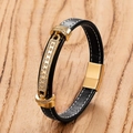 Pulsera de hombre en cuero negro trenzado con placa dorada e incrustaciones de circón - 19cm / Estilo Hueco Cuadrado (Estilo-A)
