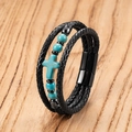 Pulsera multicapa de cuero trenzado para hombre con cuentas turquesas y dije de cruz - 19cm / Estilo Turquesa Azul Cielo (Estilo-A)