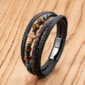 Detalle de pulsera de cuero multicapa con piedras ojo de tigre y colgante de cruz - 19cm / Estilo Ojo de Tigre (Estilo-B)