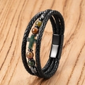 Pulsera multicapa de cuero trenzado con cuentas de piedra natural y dije de cruz - 19cm / Mezcla Multicolor Cruz Verde (Estilo-C)