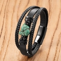 Handmade men's multi-layer leather bracelet with turquoise stone and magnetic clasp - 19cm / Cyan Irregular Main Stone Style
