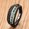 Pulsera multicapa de cuero para hombre con cuentas de turquesa y colgante de cruz - 19cm / Estilo Turquesa (Estilo-C)