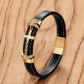Detail of black woven leather bracelet with golden zircon cross and magnetic clasp - Gold Style E Slider Ring Cross