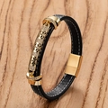 Pulsera de hombre en cuero negro con detalle geométrico dorado y circonitas brillantes - 19cm / Estilo Hueco Geométrico (Estilo-D)