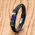 Men's braided leather bracelet with blue natural stones and magnetic clasp on wood - 19cm / Bright Blue Lapis (Style-C)