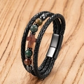 Pulsera multicapa de cuero trenzado para hombre con cruz y cuentas de piedra natural - 19cm / Cuentas Verde Oscuro Marrón Cruz Marrón (Estilo-D)