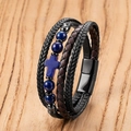 Pulsera multicapa de cuero trenzado para hombre con cuentas azules y cruz - 19cm / Estilo Lapislázuli (Estilo-D)