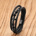 Detail of multi-layer braided black leather bracelet with cross and magnetic clasp - Black Bead Black Cross (Style-E)
