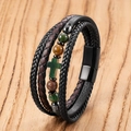 Men's multilayer braided leather bracelet with green stone cross and beads - Green Aventurine Style (Style-E)