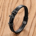 Bracciale da uomo in pelle nera intrecciata con ciondolo a croce e chiusura magnetica - Taglie forti / Nero-B