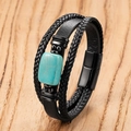 Men's multilayer braided leather bracelet with turquoise stone on wooden background - 19cm / Rectangular Turquoise Style