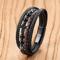 Close-up of men's leather cord bracelet with beads, cross charm and magnetic clasp - Matte Black Style (Style-F)